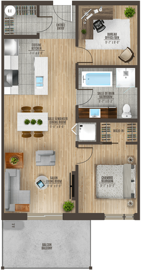 Floor plan for 2 beds, 1 bath, 840 sqft