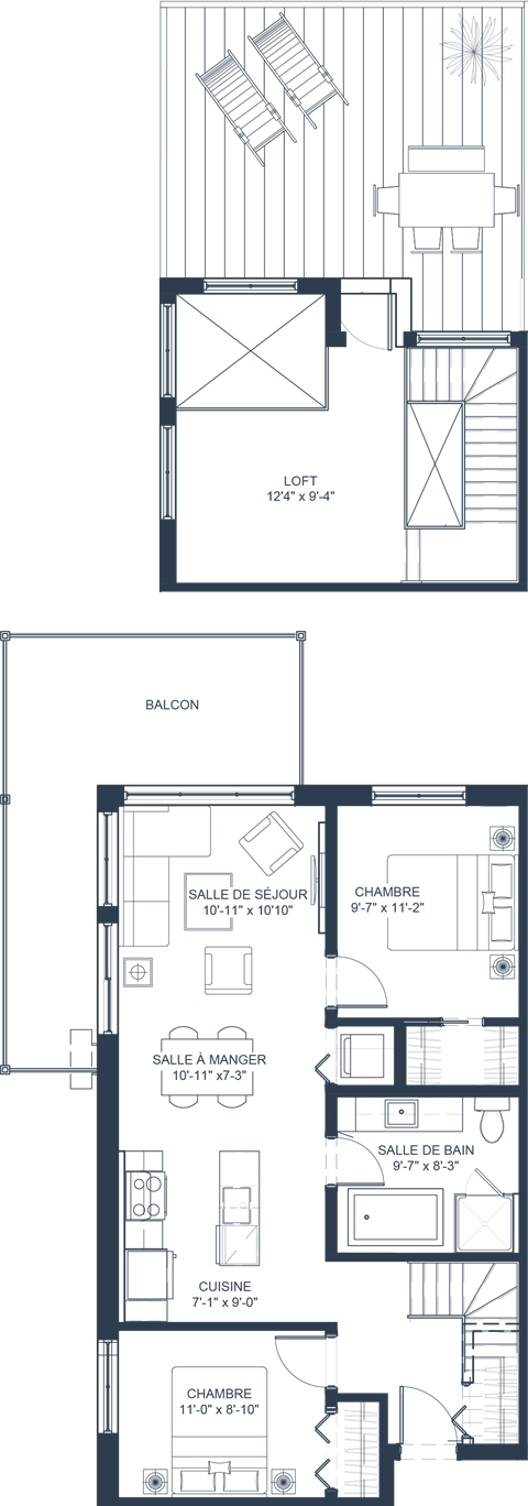 Floor plan for 2 beds, 1 bath, 995 sqft
