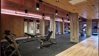 A gym with a wooden floor and a row of chairs.