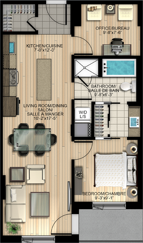 Floor plan for 1 bed, 1 bath