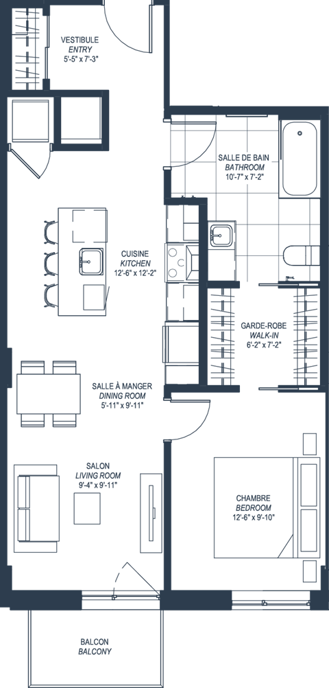 Floor plan for 1 bed, 1 bath