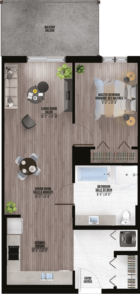Floor plan for 1 bed, 1 bath, 794 sqft