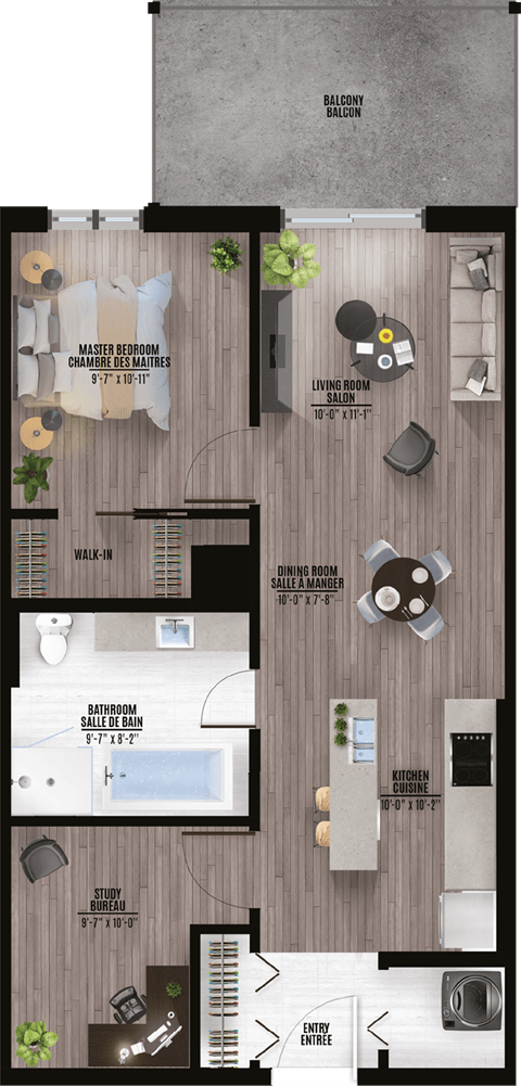 Floor plan for 1 bed, 1 bath, 889 sqft