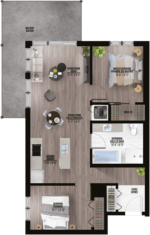 Floor plan for 2 beds, 1 bath, 889 sqft