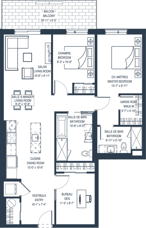 Floor plan for 2 beds, 1 bath, 623 sqft