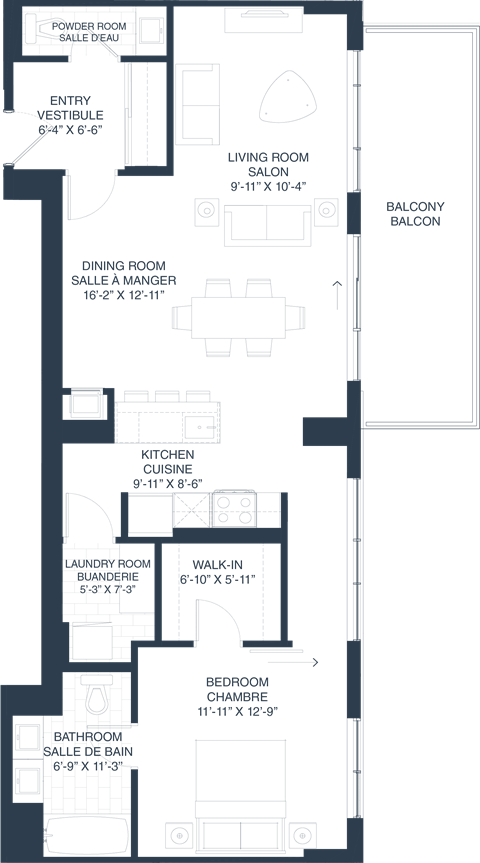 Floor plan for 1 bed, 2 baths, 1016 sqft