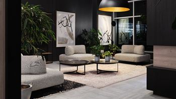 Modern lobby with contemporary seating and artwork
