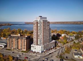 Ottawa apartment for rent - Aerial view of modern high rise building at 929 Richmond Apartments, Ontario, K2B 6R1