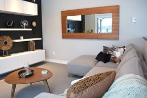 Gatineau apartment for rent - A living room with a grey couch, a coffee table, and a mirror on the wall.