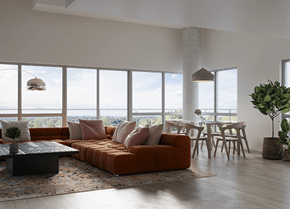 Ottawa apartment for rent - A modern living room with a large window overlooking the city at Petries Landing I Apartments , Ottawa