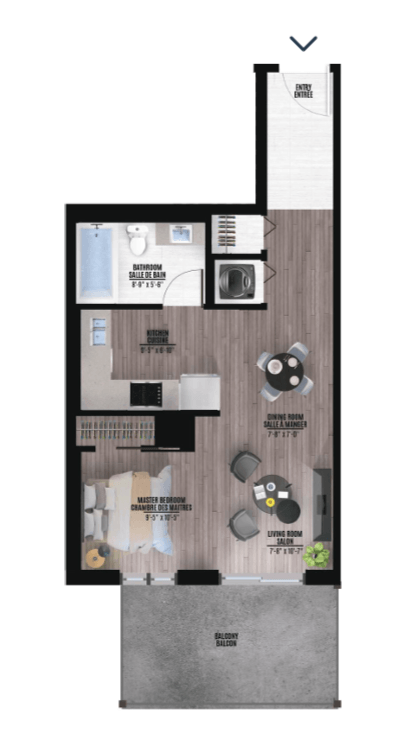 Floor plan for 1 bed, 1 bath