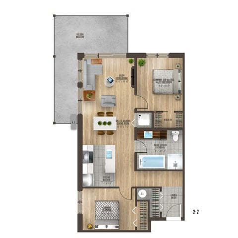 Floor plan for 2 beds, 1 bath, 735 sqft
