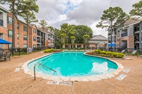 Houston apartment for rent - A pool surrounded by apartment buildings and tall trees.