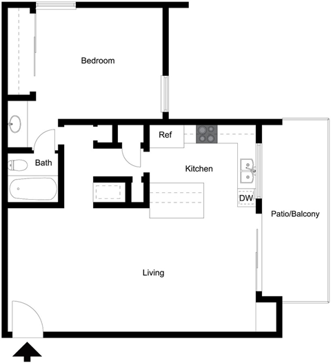 Floor plan for 1 bed, 1 bath, 700 sqft