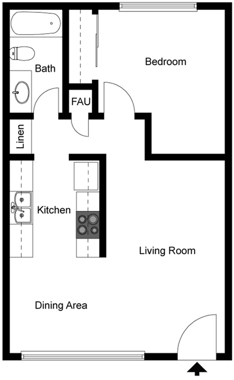 Floor plan for 1 bed, 1 bath, 676 sqft