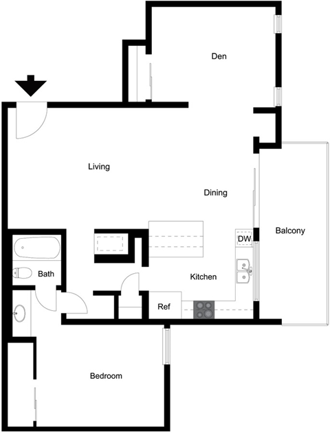 Floor plan for 1 bed, 1 bath, 851 sqft