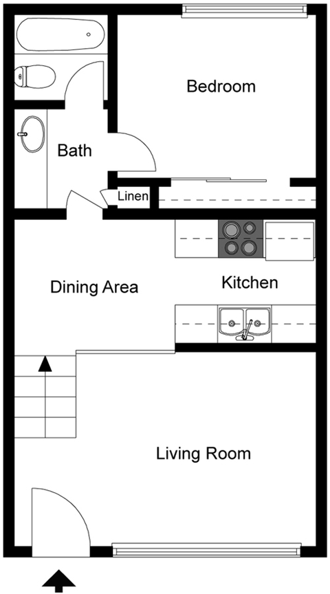 Floor plan for 1 bed, 1 bath, 594 sqft