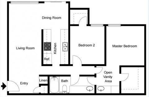 Floor plan for 2 beds, 1.3 baths, 1025 sqft