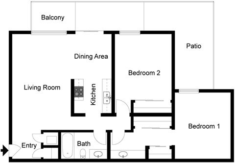 Floor plan for 2 beds, 1 bath, 986 sqft
