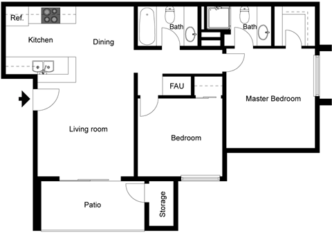 Floor plan for 2 beds, 2 baths, 815 sqft