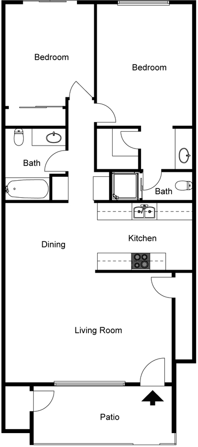 Floor plan for 2 beds, 2 baths, 951 sqft