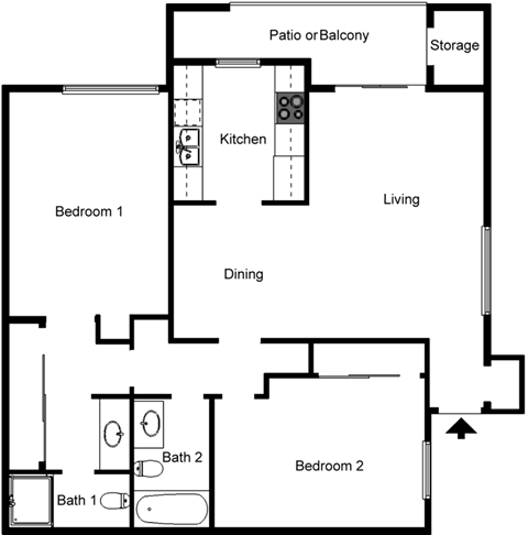 Floor plan for 2 beds, 2 baths, 1008 sqft