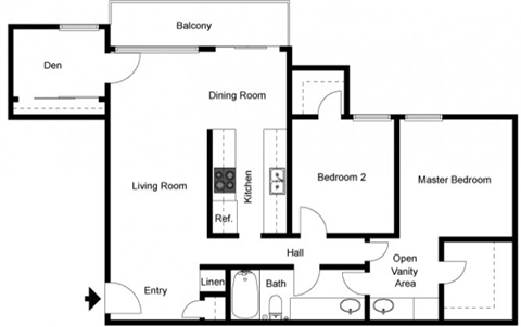 Floor plan for 2 beds, 1.3 baths, 1147 sqft
