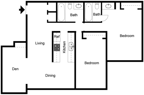 Floor plan for 2 beds, 2 baths, 1156 sqft