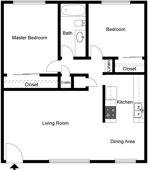 Floor plan for 2 beds, 1 bath, 1002 sqft