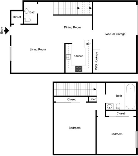 Floor plan for 2 beds, 1.5 baths, 874 sqft