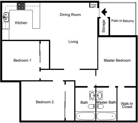 Floor plan for 3 beds, 2 baths, 1030 sqft