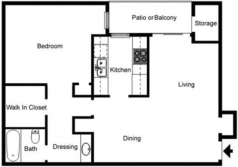 Floor plan for 1 bed, 1 bath, 790 sqft