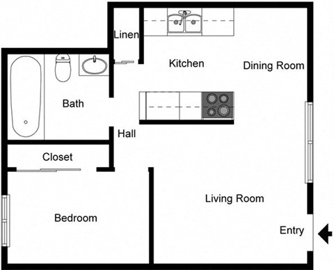 Floor plan for 1 bed, 1 bath, 714 sqft