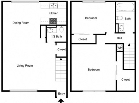 Floor plan for 2 beds, 1.5 baths, 1128 sqft