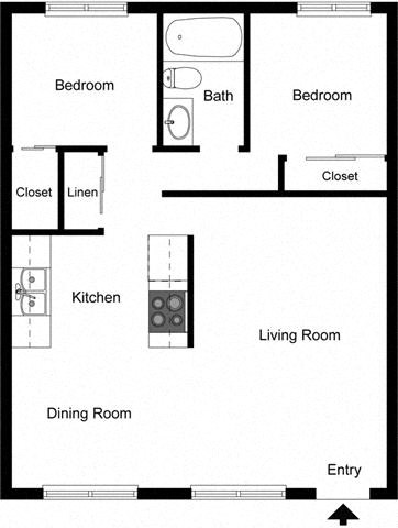 Floor plan for 2 beds, 1 bath, 996 sqft