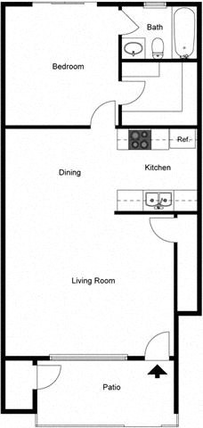 Floor plan for 1 bed, 1 bath, 700 sqft