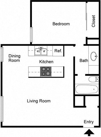 Floor plan for 1 bed, 1 bath, 701 sqft