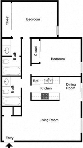 Floor plan for 2 beds, 2 baths, 1003 sqft