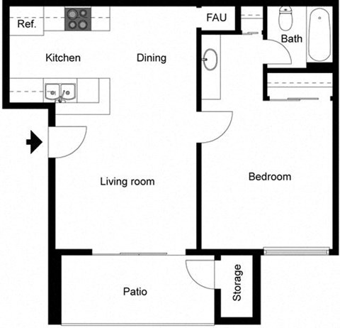 Floor plan for 1 bed, 1 bath, 615 sqft