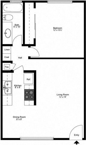 Floor plan for 1 bed, 1 bath, 731 sqft