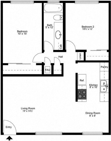 Floor plan for 2 beds, 1 bath, 967 sqft