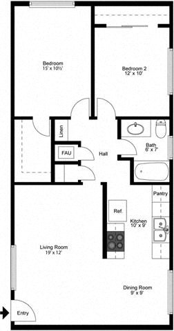 Floor plan for 2 beds, 1 bath, 990 sqft