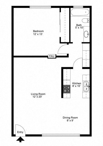 Floor plan for 1 bed, 1 bath, 752 sqft