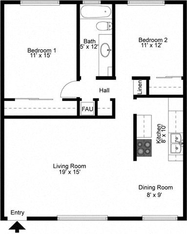 Floor plan for 2 beds, 1 bath, 908 sqft
