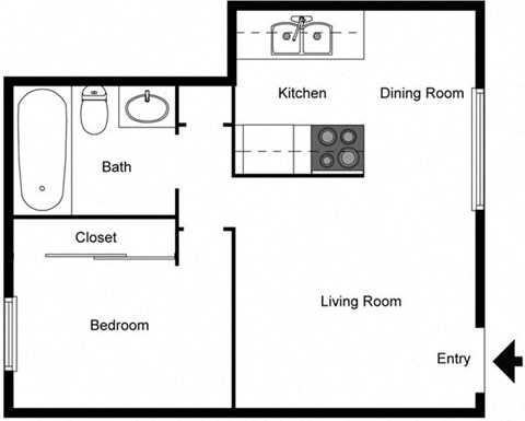 Floor plan for 1 bed, 1 bath, 750 sqft