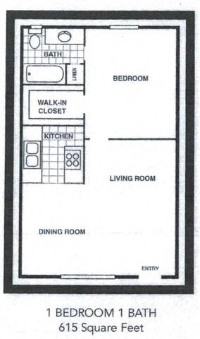 Floor plan for 1 bed, 1 bath, 615 sqft
