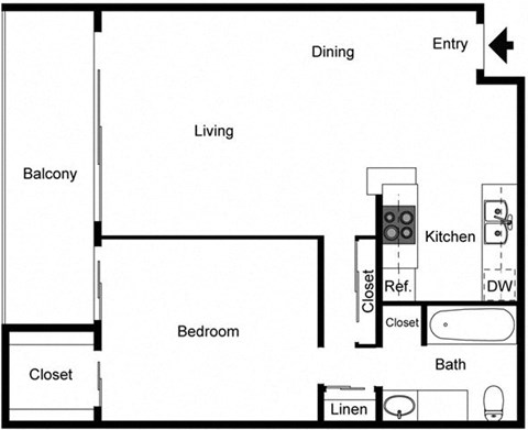 Floor plan for 1 bed, 1 bath, 743 sqft