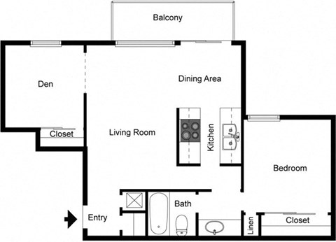 Floor plan for 1 bed, 1 bath, 840 sqft