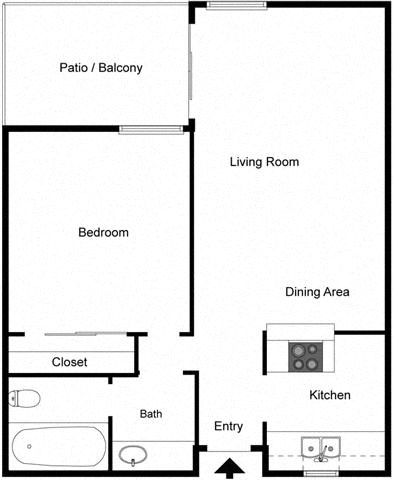 Floor plan for 1 bed, 1 bath, 605 sqft