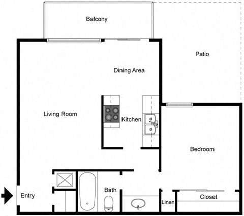 Floor plan for 1 bed, 1 bath, 708 sqft